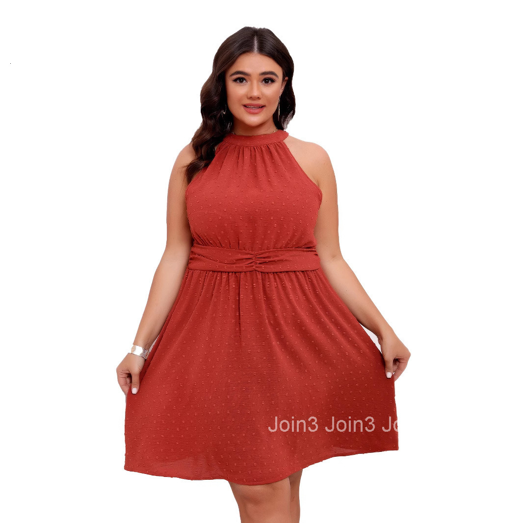 2025 Summer New Womens Large Half High Neck Hanging Neck and Waist Jacquard Solid Color Jumpsuit