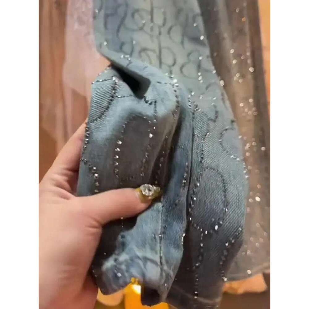Jeans for Women Shiny High Waist Loose Wide Leg Denim Blue Rhinestone Mopping Pants Streetwear Fashion Trousers