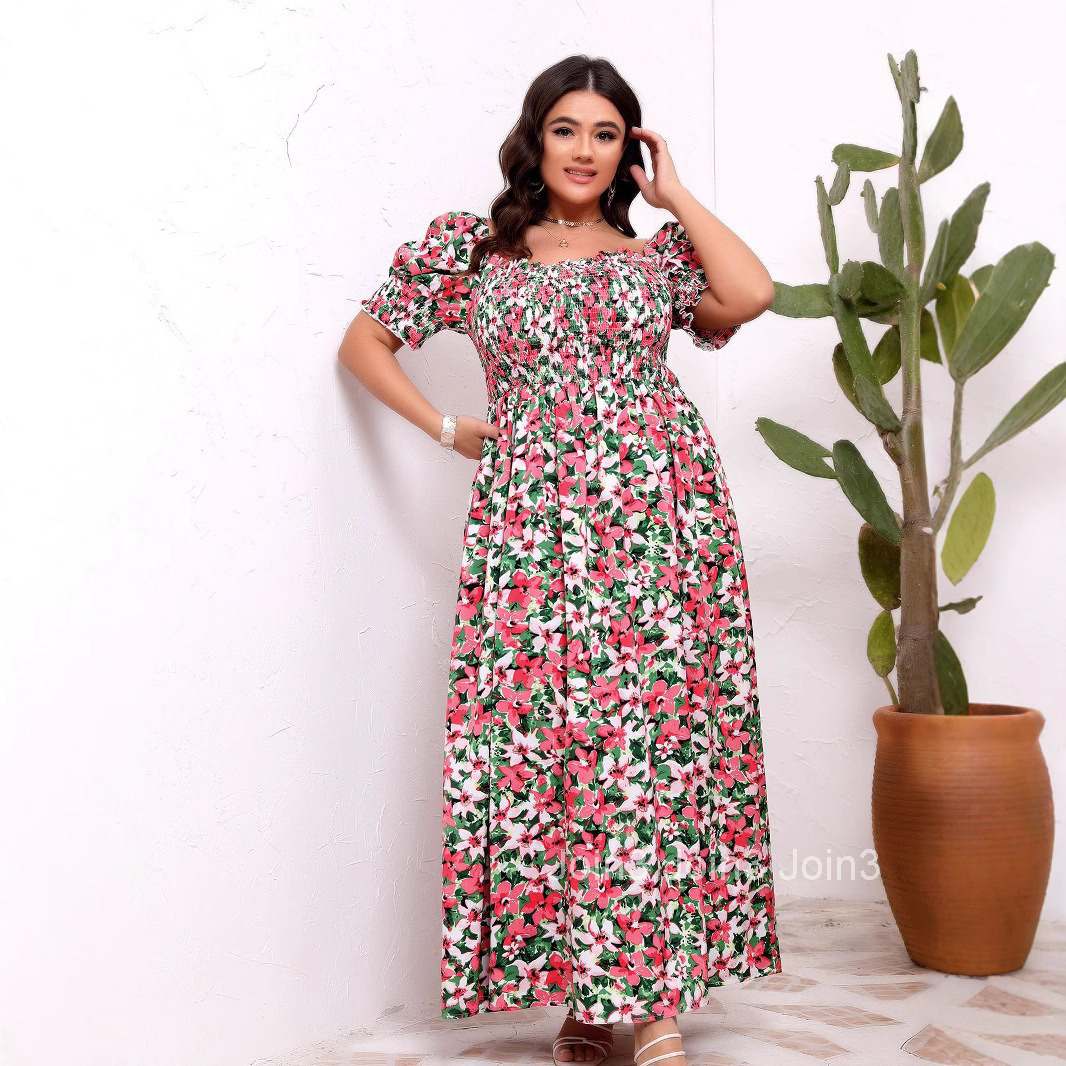 Large Size Womens Summer Floral One Shoulder Cinched Waist Slimming Dress