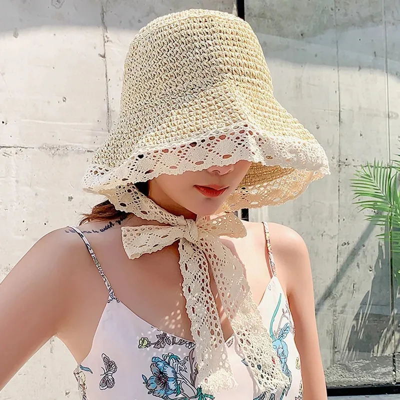 Summer Hats for Women Beach Lace Sun Hat Ribbon Holiday Beach Straw Paper Lady Outdoor Travel Cap Women Bucket Hat Foldable 250516