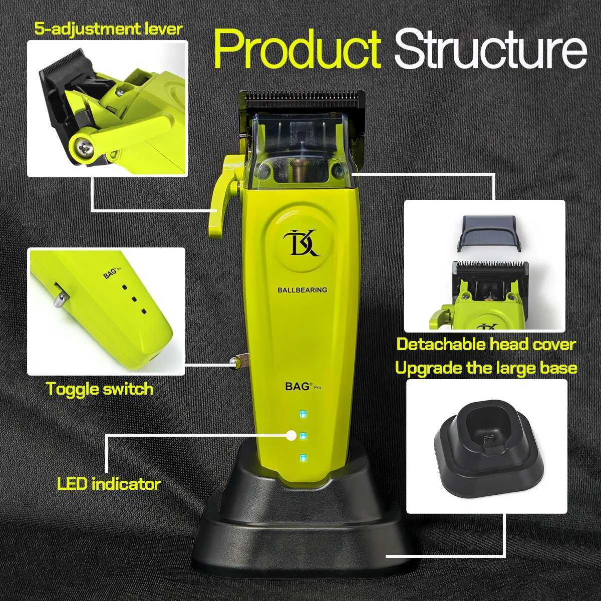 Professional Electric Hair Clipper Hair Trimmer Metal Machine Brushless Motor 7200RPM 5-Adjust DLC with Base R250517