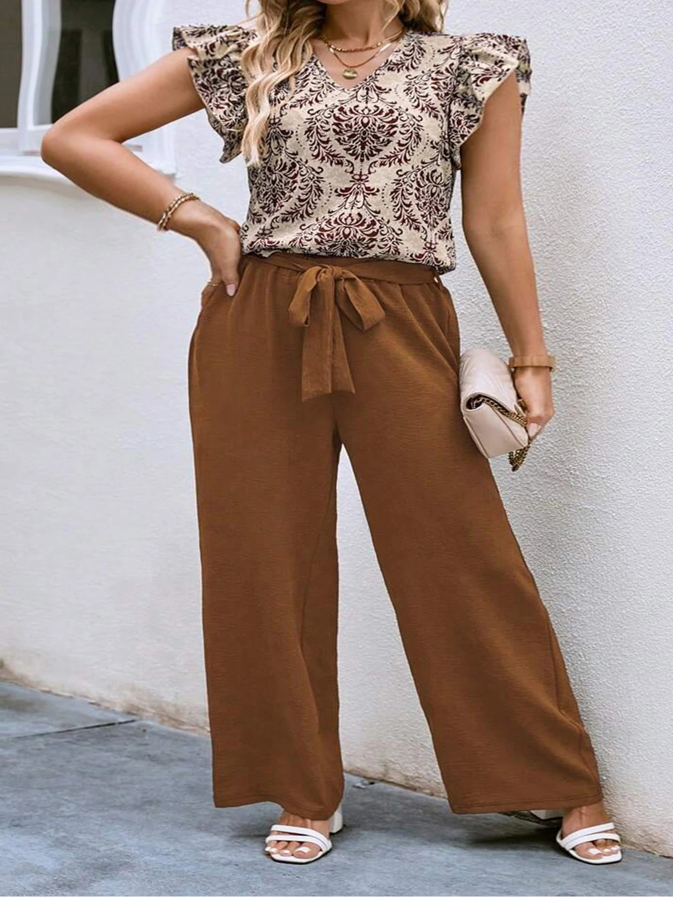 Plus Size 2024 Summer American Ethnic Style Loose Casual Vneck Two Piece Set 250513Z