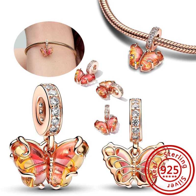 925 Silver Pink Yellow Blue Murano Glass Butterfly Snowflake Dangle Charm Openwork Elephant Beads Fit Pantaro Bracelet JewelryXJ250517