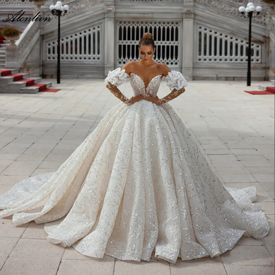Stunning Beading sequined Pearls Sweetheart Ball Gown Wedding Dress Delicate Appliques Lace Off Shoulder Puff Sleeves Bridal Gowns 2025