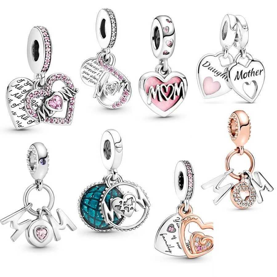 Hot Sale Mom Letters Heart Double Dangle Charm Bead Fit Original 925 Sterling Silver Pan Bracelet Fashion Jewelry Gift For WomenXJ250517