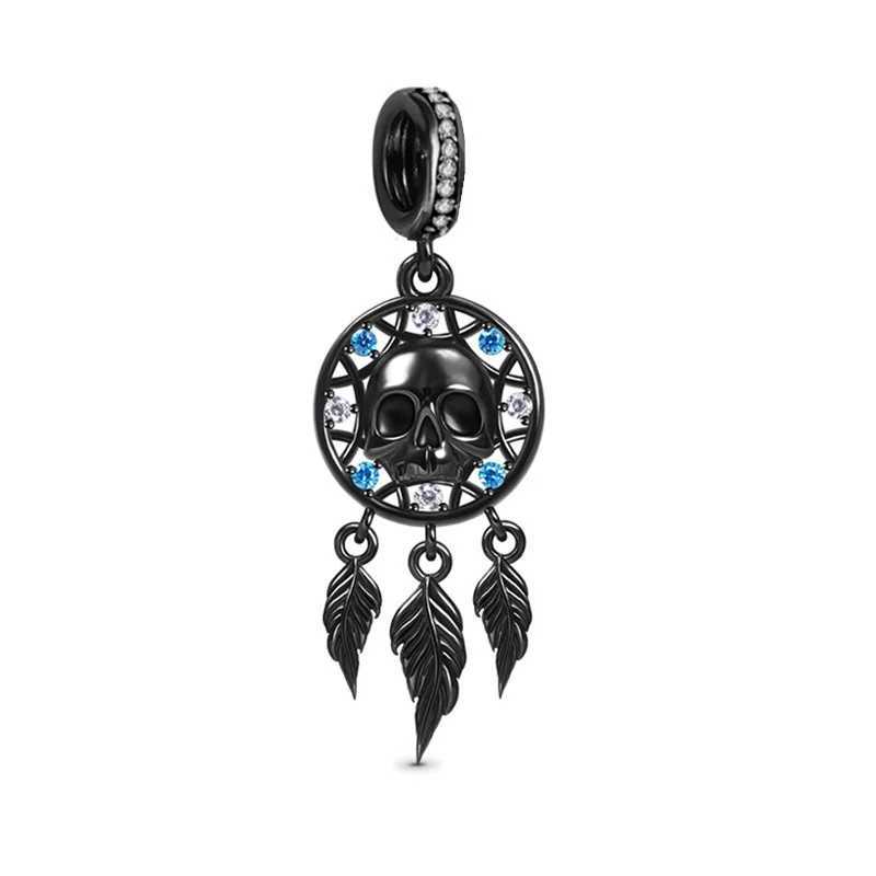 Sparkling Black Cats Skull Pendant Sterry Skull Charm Beads Fit Original European 925 Silver Bracelet DIY Women JewelryXJ250517