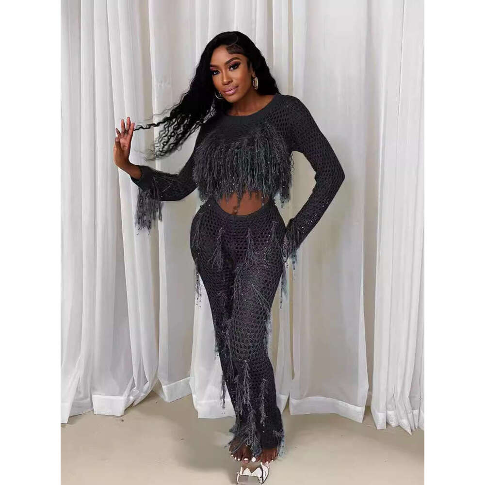 Wide Leg Jumpsuit New Women S Sexy Faux Mink Fur Handmade Tassel Knitted Hollow Out One Piece Jumpsuit