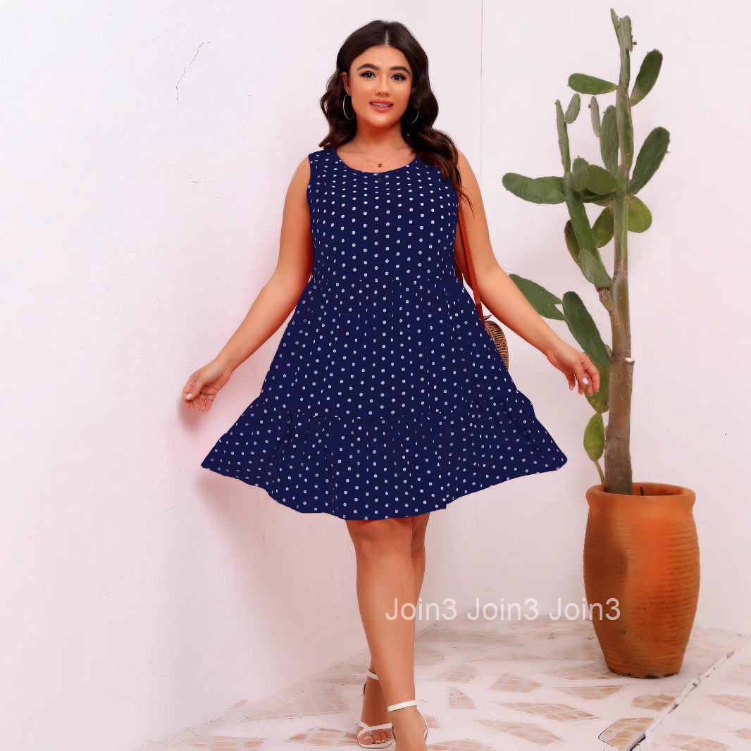 Round Neck Sleeveless Wave Point Loose Large Hem Ruffle Dress