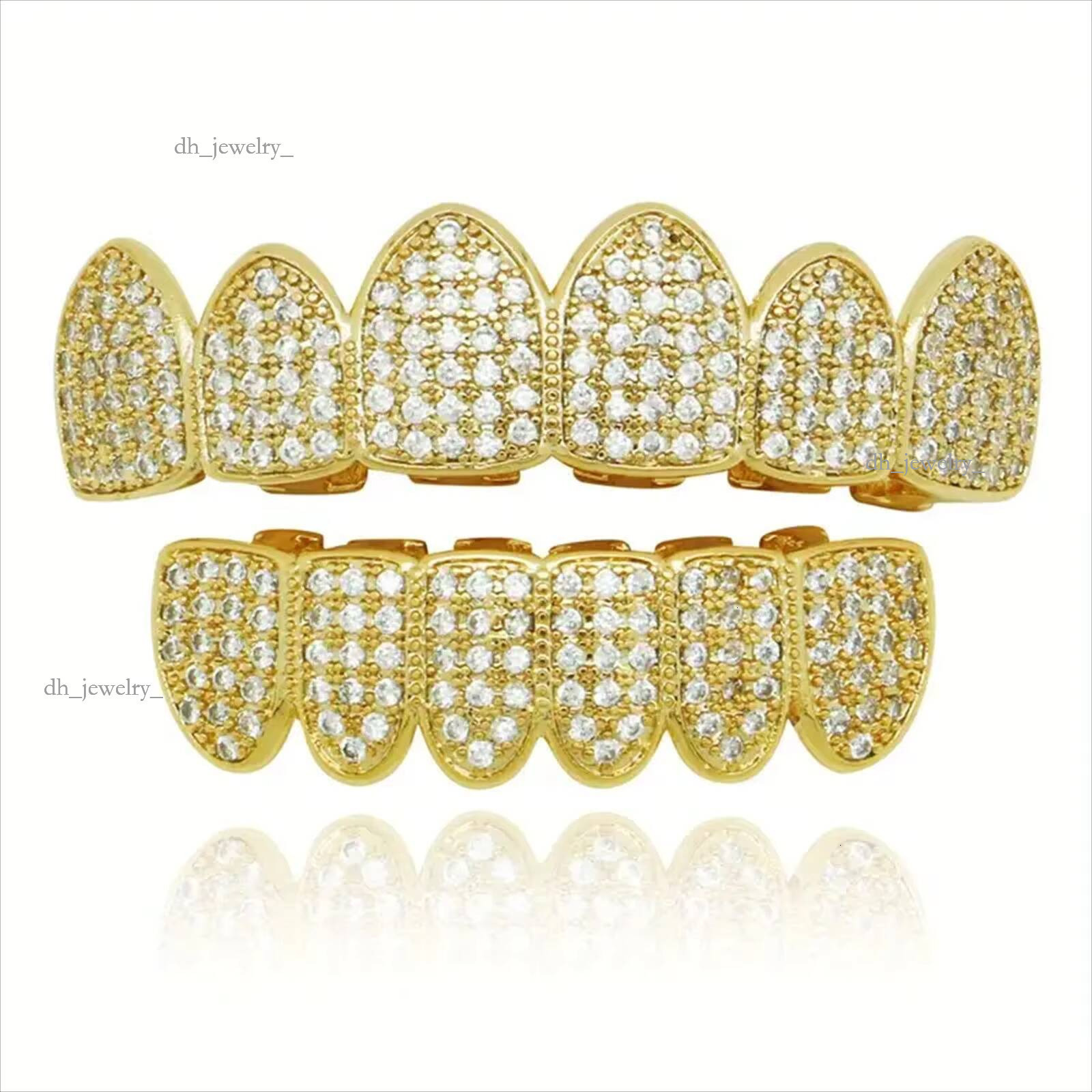 Hip Hop Brass Bling Zircon Grillz Top Bottom Iced Out Dia Teeth Grill for Women and Men a Set of Tooth Jewelry