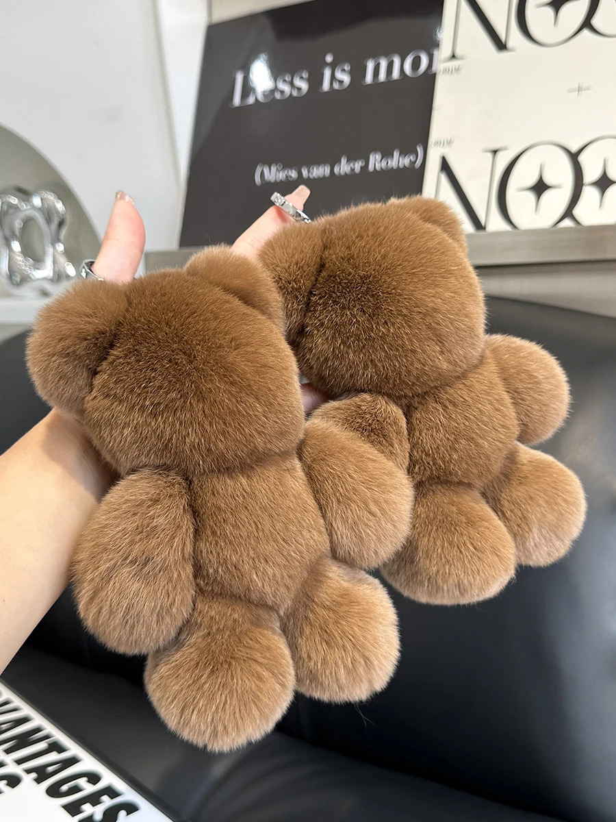 Fashion Cute Bear Keychain Real Rabbit Fur Bear Doll Pendant Toys Keyring Handbag Charm Ornament Plush Jewelry Gifts 250515