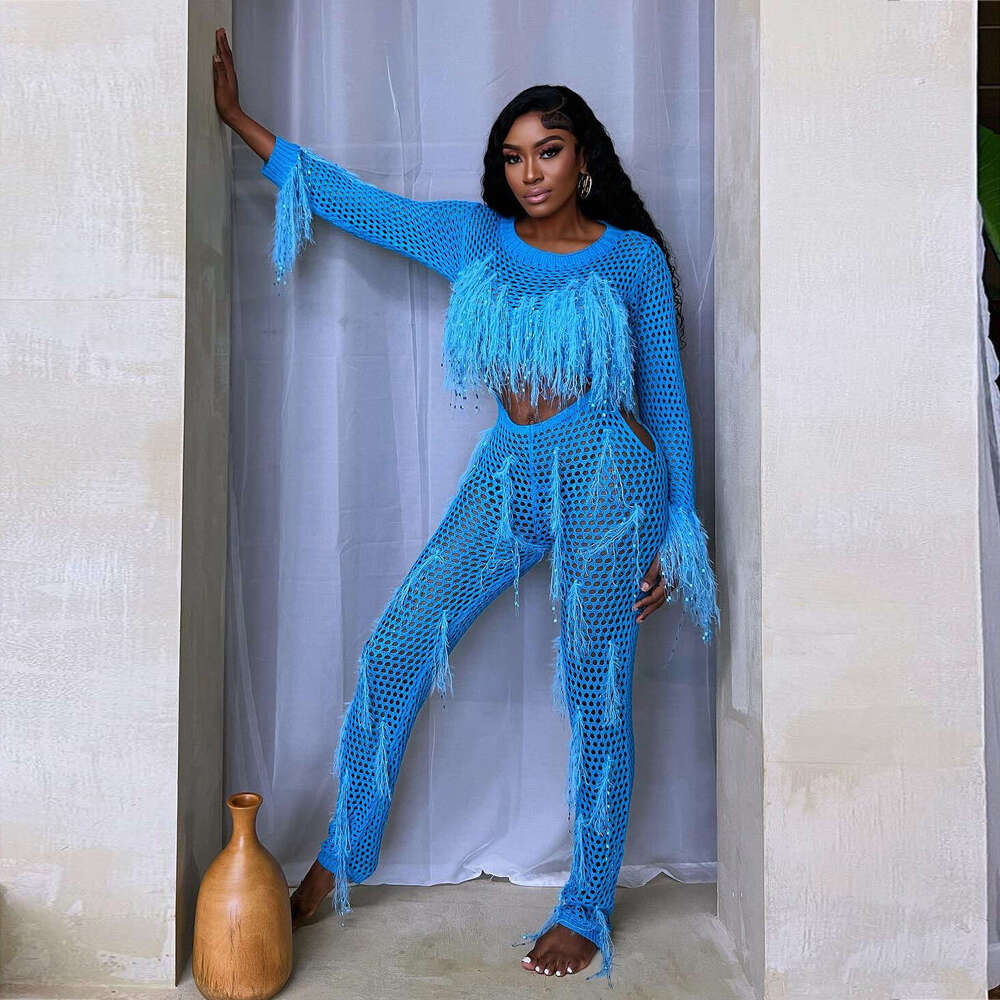 Wide Leg Jumpsuit New Women S Sexy Faux Mink Fur Handmade Tassel Knitted Hollow Out One Piece Jumpsuit