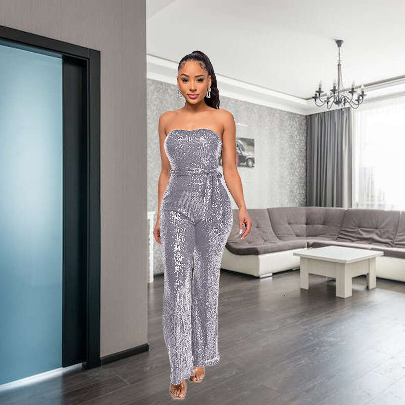 Wide Leg Jumpsuit INS Style Sleeveless Sequined Waistband Solid Color Women S Strapless And Backless Jumpsuit
