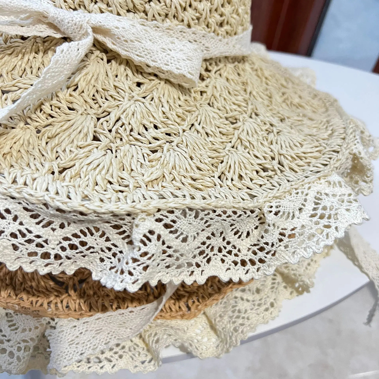 Handmade Womens Summer Hollow Straw Hat - Lace Strap Panama Bucket Hat Foldable UV Protection Suitable for Beach and Travel 250516