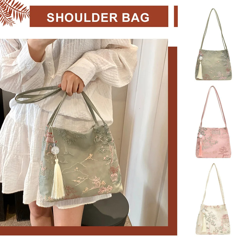 Women Ancient Style Shoulder Bag Large Capacity Simple Carrying Bag with Tassel Pendant Chinese Style Tote Bag Shopping Bag 250516