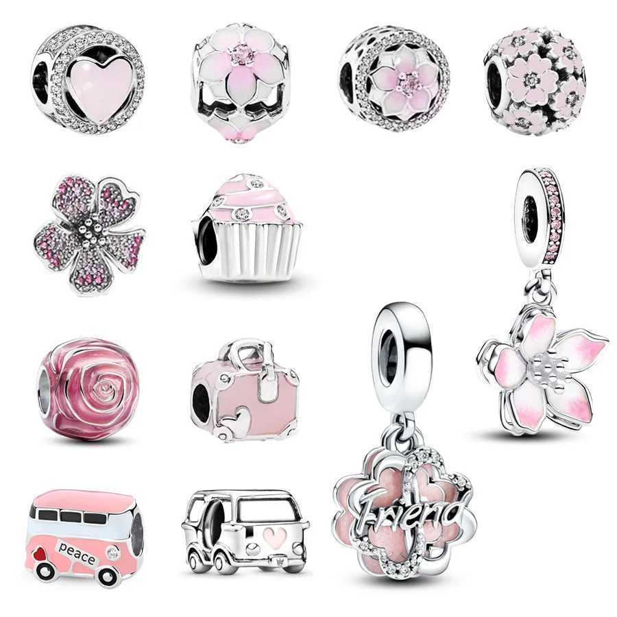 New Pink Series Charm Peace BusCherry Blossom- Dangle Bead Fit Original Silver 925 Pan Bracelet DIY JewelryXJ250517