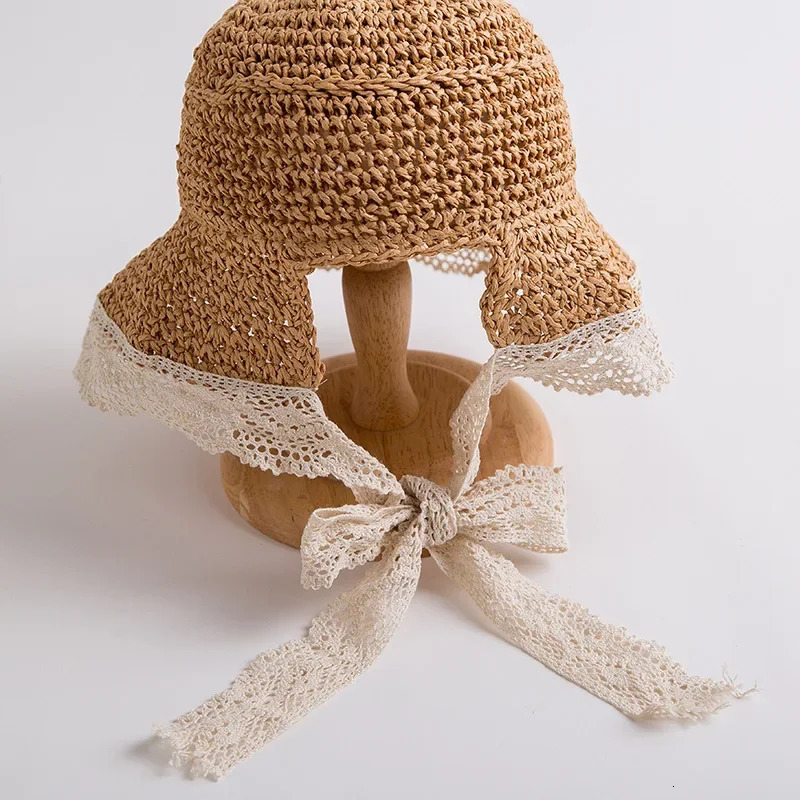 Womens Summer Lace Ribbon Straw Panama Hat Anti-UV Woven Cap with Ponytail Holder Sunshade Beach Outdoor Visor 250516