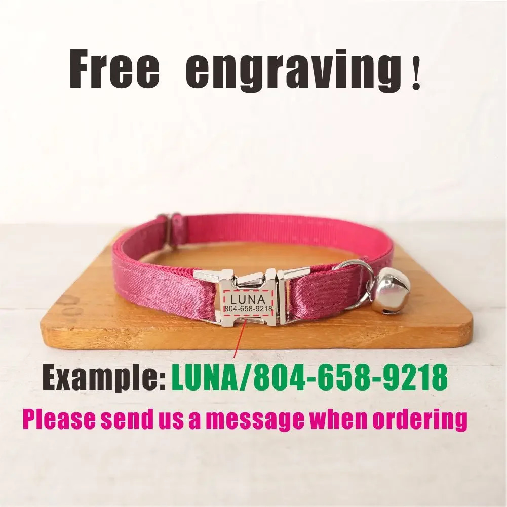 Personalized Cat Collar Customized ID Name Contacts Metal Buckle Adjustable Shiny Red Cat Collars with Bell 250517
