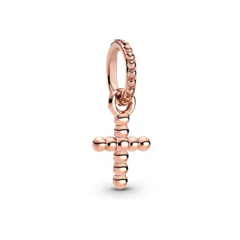 Exquisite Sparkling Golden Rose Gold Cross Pendant Charm Bead Fit Original Silver 925 Bracelet Necklace DIY Jewelry GiftXJ250517