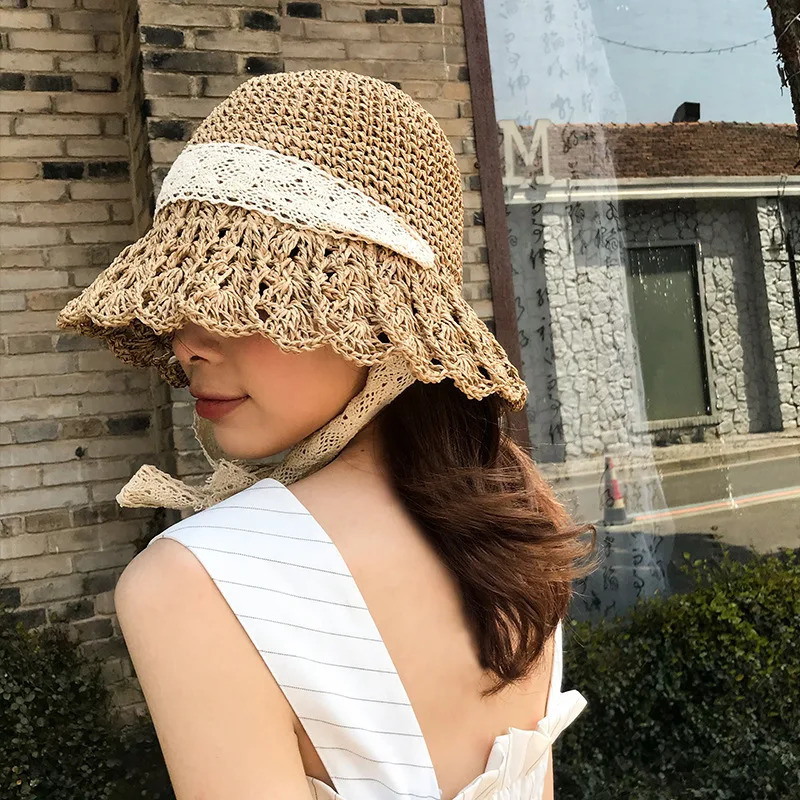 Womens Summer Crochet Straw Bucket Hat - Hollow Out Lace-Up n UV Protection Foldable Sun Cap for Beach Outdoor Fashion 250516