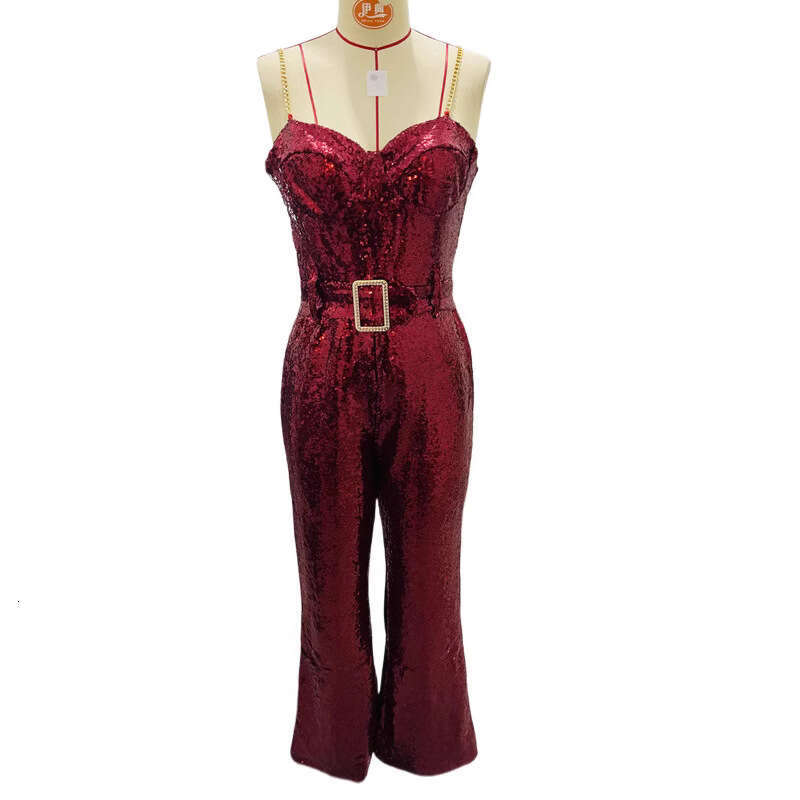 Wide Leg Jumpsuit New Fashionable And Sexy Chain Waistband Sequined Jumpsuit Backless Women S Spicy Pants Set