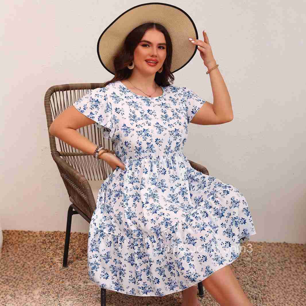 Large Womens Gentle Vacation Style Dress for Spring and Summer New Round Neck Floral Mid Length Skirt