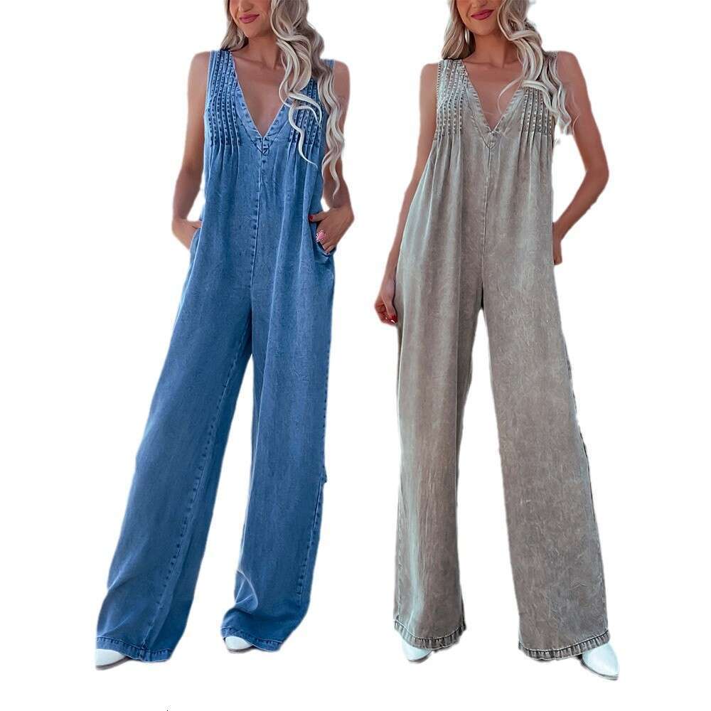 Wide Leg Jumpsuit Fashion Women S V Neck Sexy Backless Washed Sleeveless Denim Jumpsuit