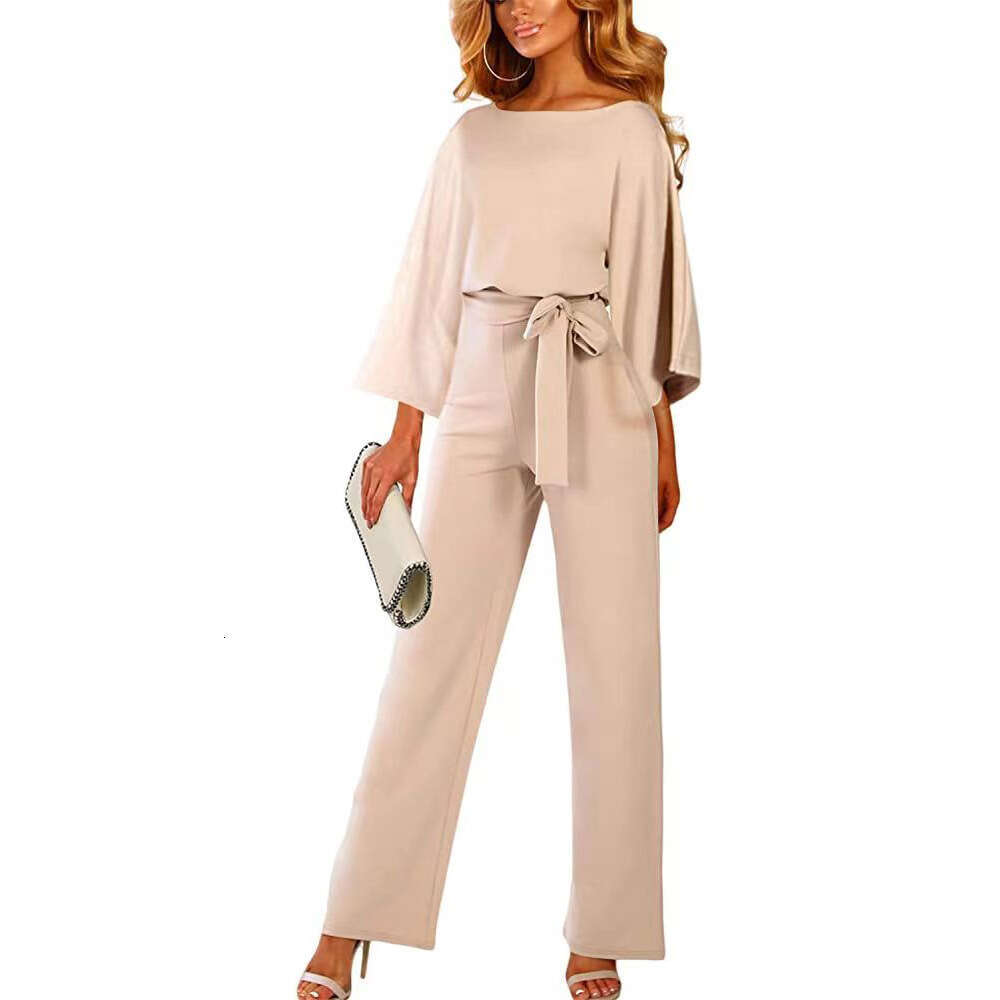 Wide Leg Jumpsuit Spring And Autumn Solid Color Seven Split Sleeves Tie Up Jumpsuit
