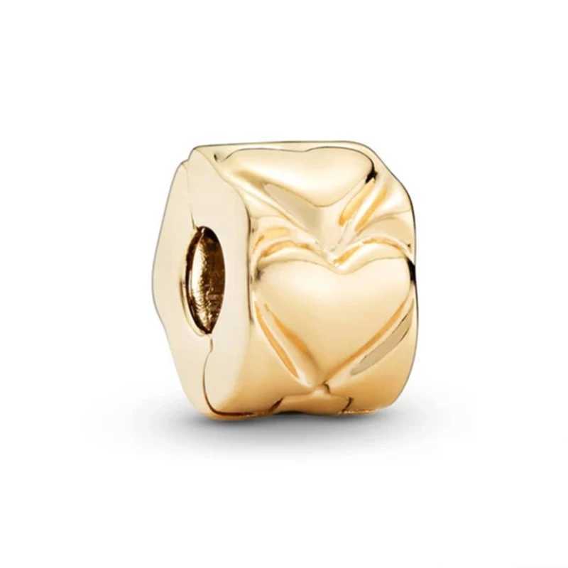 DIY Jewelry Gift Golden Band of Hearts Polished Feathered Studded Clip Charm Beads Fit Original 925 Sterling Silver Pan BraceletXJ250517