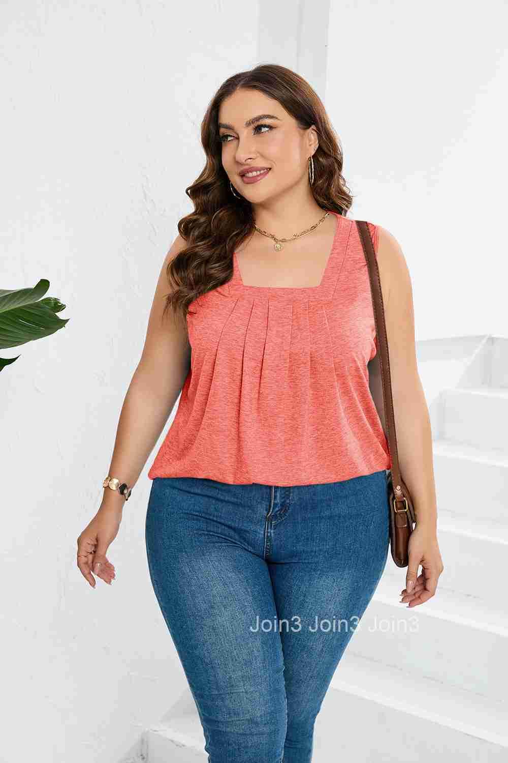 Summer New Solid Pleated Square Neck Loose T-shirt Tank Top Women