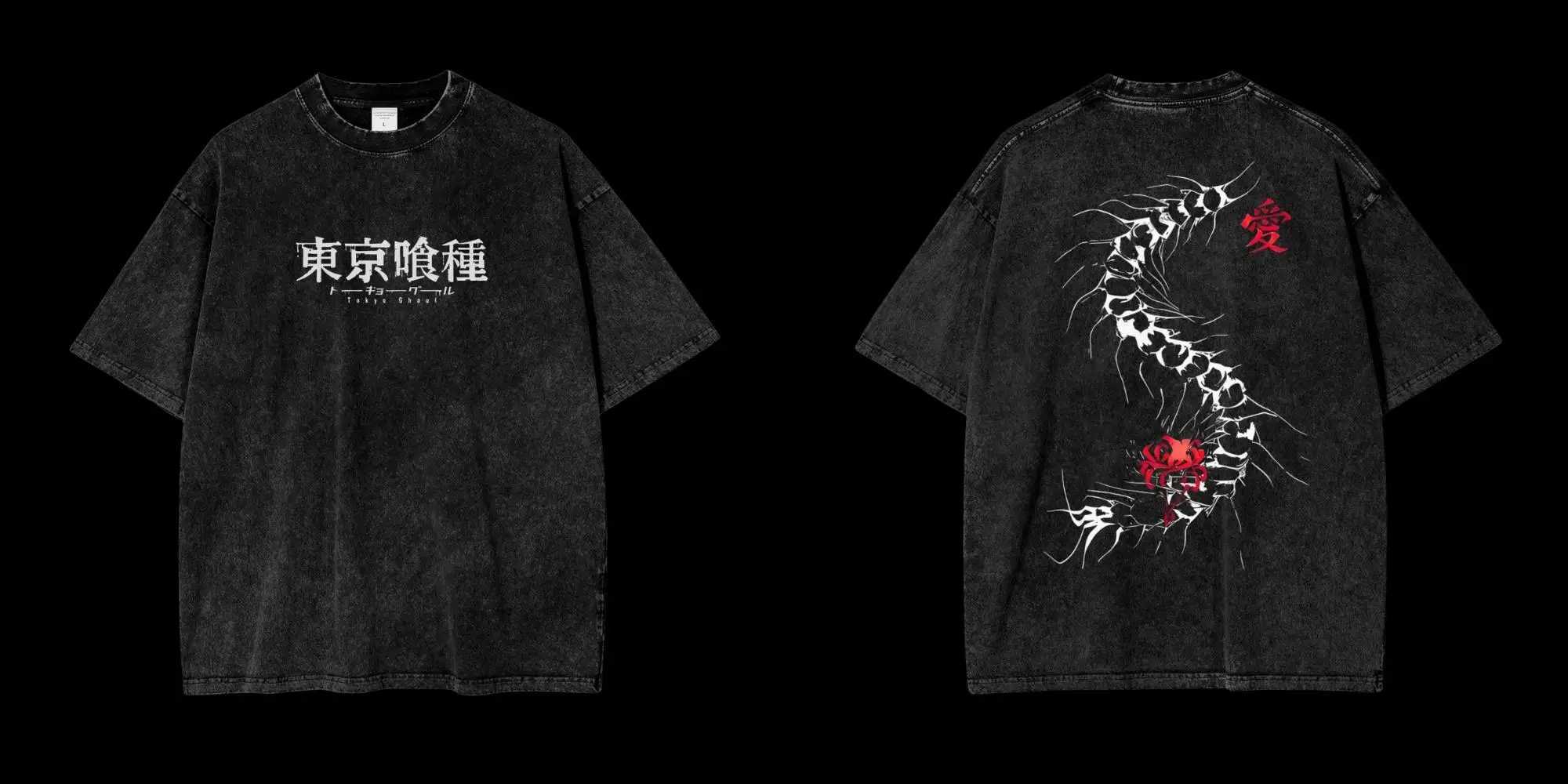 Summer Harajuku Mens T-shirt Anime Tokyo Ghoul Kaneki Ken Centipede Washed Cotton T Shirt Vintage Streetwear Men Tops ClothingT250516