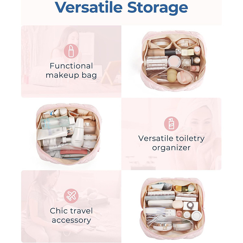 Quilted Waterproof Wash Bag for Cosmetics, with Padding, Travel Handbag, Zipper, Portable Cosmetics Storage Bag