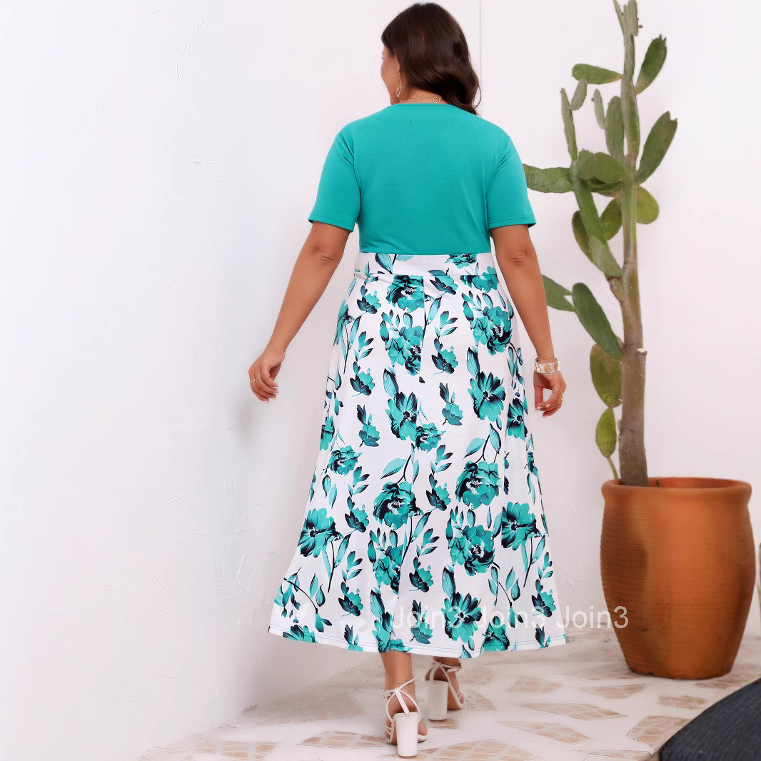 Large Size Womens Dress with Elegant Temperament Printed Splicing Round Neck Waist Cinching and Large Swing Dress
