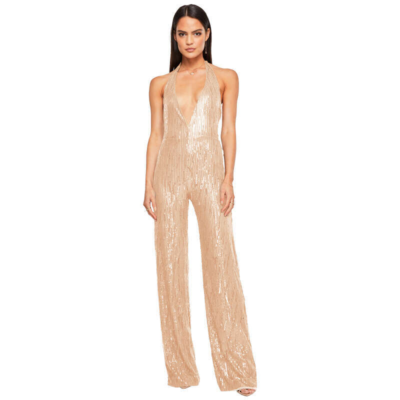 Wide Leg Jumpsuit INS Style Deep V Backless Spicy Girl Sleeveless Tassel Hanging Neck Sequin Jumpsuit Women S Clothing