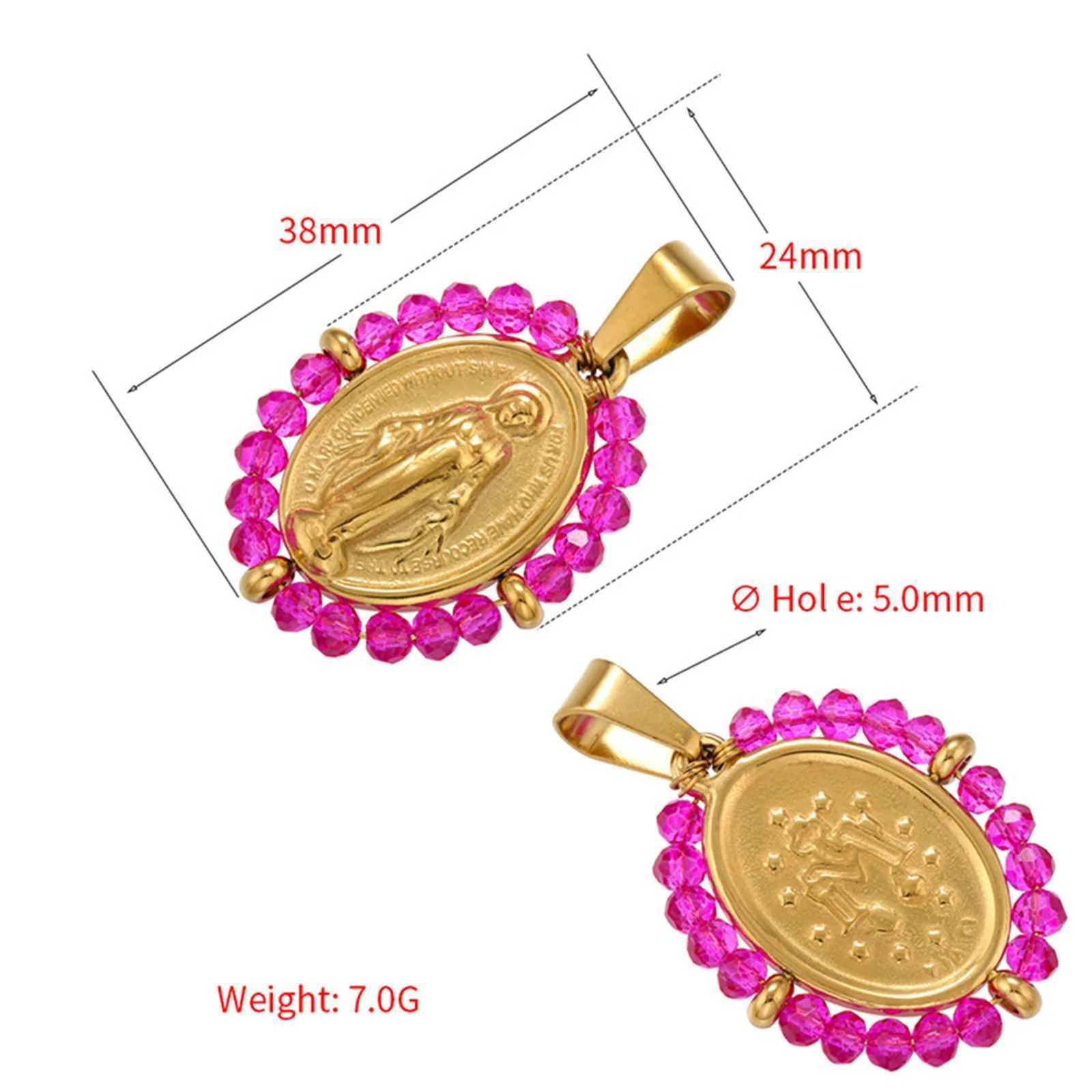 Stainless Steel Oval Religious Virgin Mary Pendants Colorful Glass Beads Charms For Necklace Jewelry Making Supplies 38x24mmXJ250517