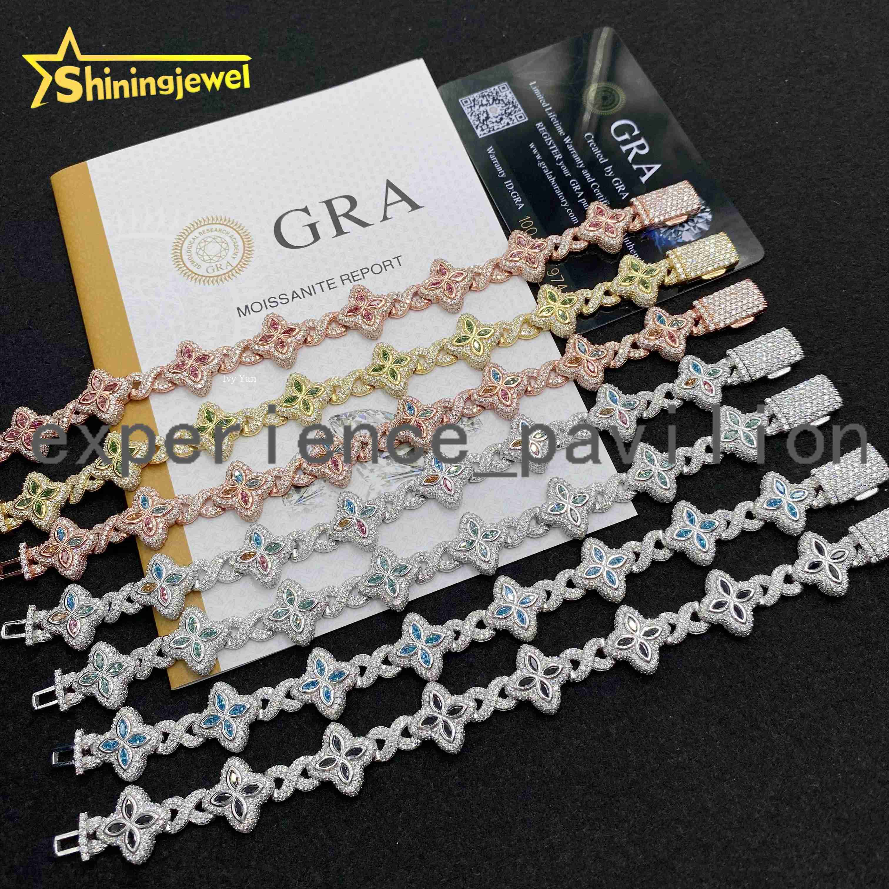 Luxury Colorful Marquise Flower Design 15mm Custom Iced Out Hip Hop Jewelry Cuban Link Chain 925 Silver VVS Moissanite Bracelet