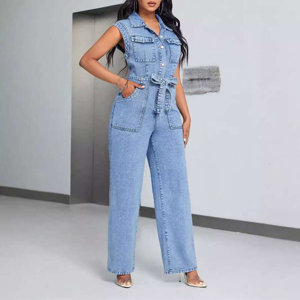Wide Leg Jumpsuit New Women S Slim Fit Waist Cinching Lace Up Fashionable Patchwork Washed Sleeveless Denim Jumpsuit Pants