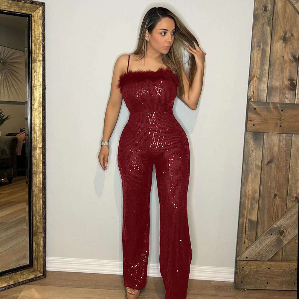 Wide Leg Jumpsuit New Fashionable And Sexy Suspender Woolen Strip Splicing Sequin Jumpsuit Women S Clothing