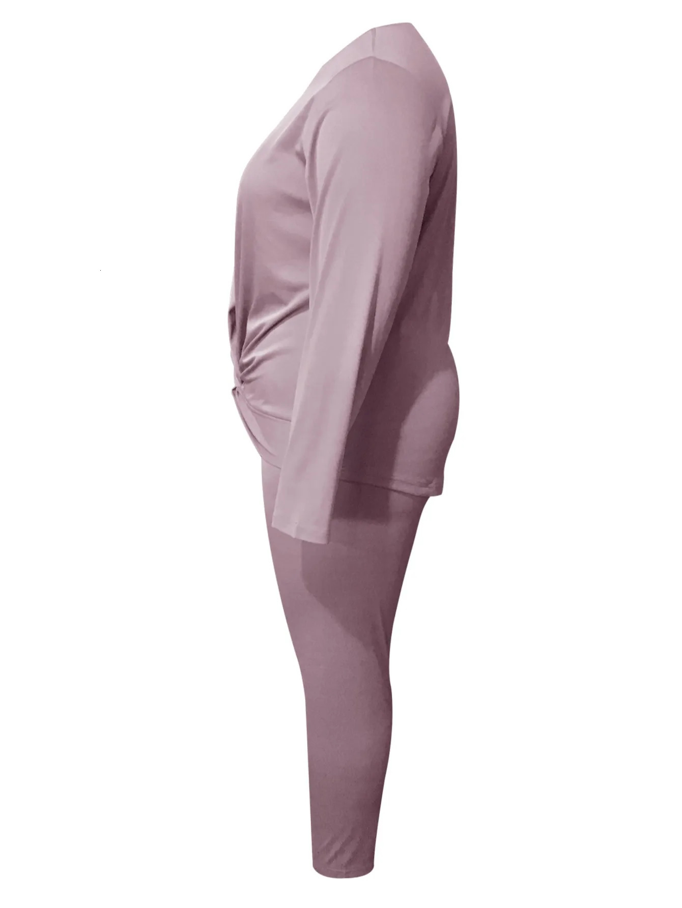 4XL 5XL LW Women Autumn Winter Plus Size Casual Twist Front Regular Fit Round Neck Long Sleeve Light Purple Two Pieces Pants Set 250513Z