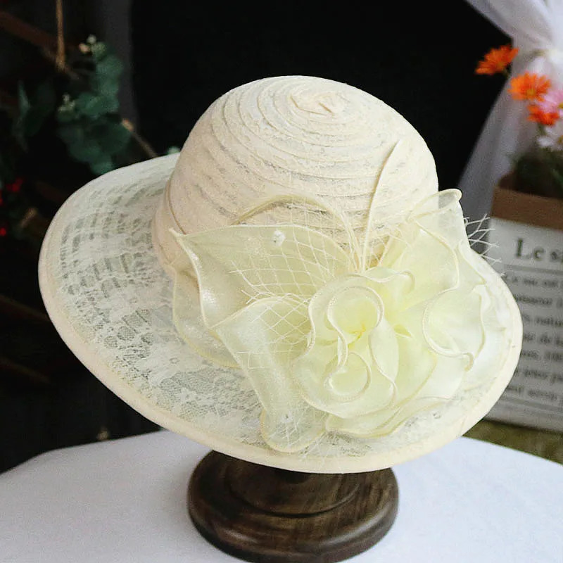 Fashion Elegant Breathable lace flower Church Hat For Women Foldable Wedding Party Summer Beach Protection Sun Cap 250517