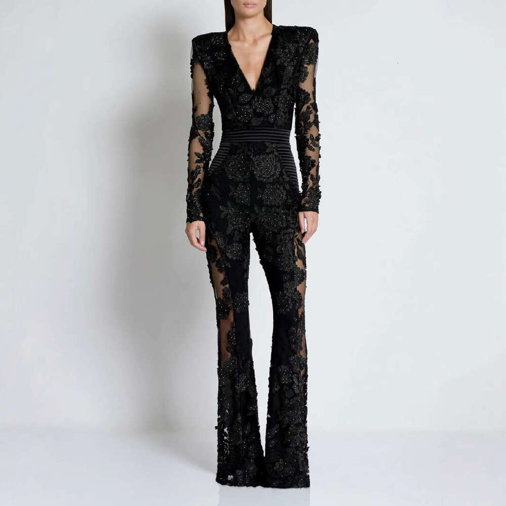 Wide Leg Jumpsuit New Temperament V Neck Jumpsuit With Lace Rhinestone Long Sleeves And A Sexy Evening Gown For Ladies
