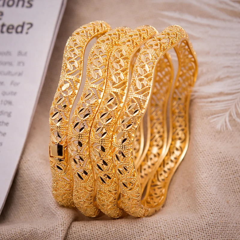 Annayoyo 4Pcs Gold Color Ripple high quality Bangles Bracelets Women Mother Metal Cuff Bangle Jewelry Bride Birthday Gifts 250517