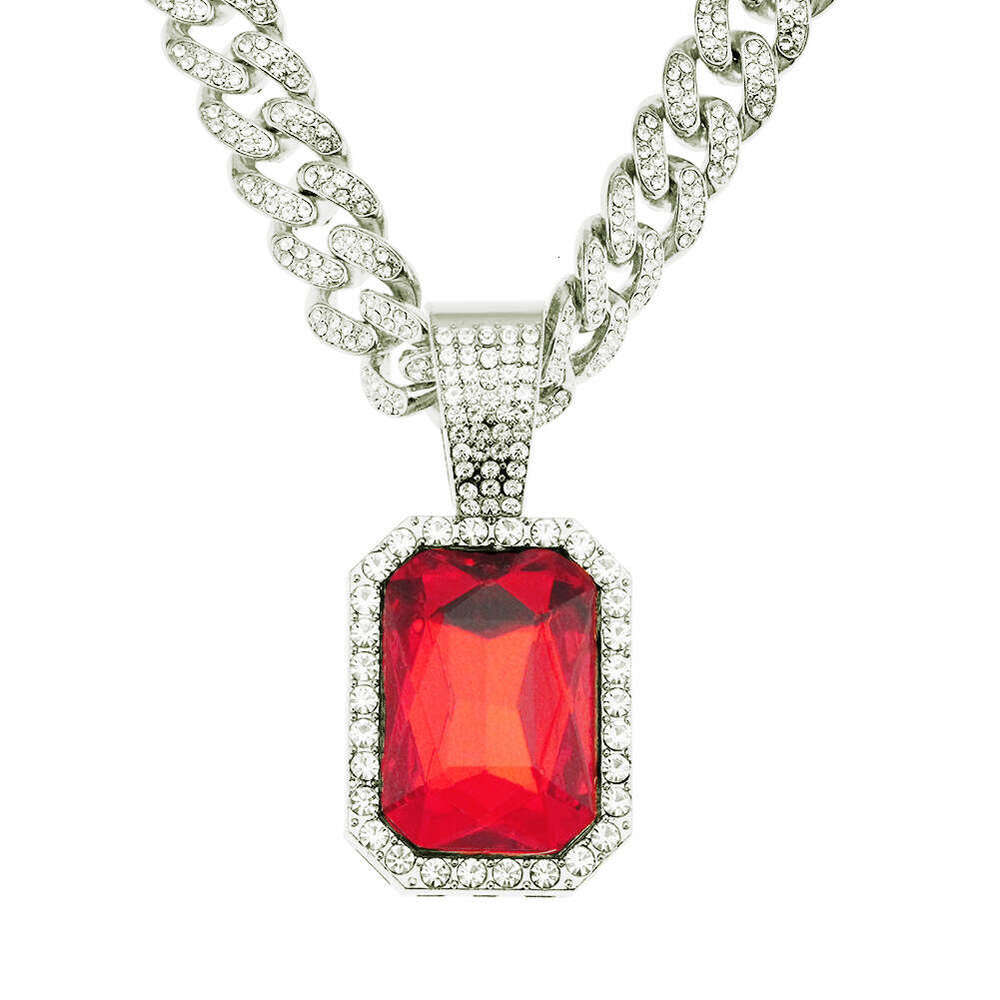 Unisex Hip hop Alloy Necklace with Ruby-Inspired Crystal Pendant Bold Cuban Link Chain for Men Women Edgy Street wear Jewelry