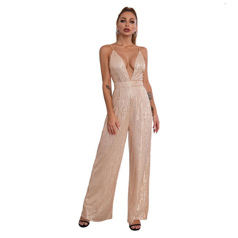 Wide Leg Jumpsuit Women S Fashion Spicy Girl Sleeveless Camisole Deep V French Backless Sequined Jumpsuit
