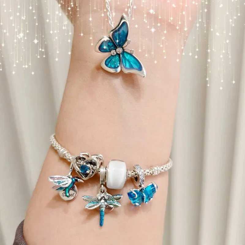 New 925 Sterling Silver Dangle Charm Blue Butterfly Heart Dragonfly Clip Evil Eyes Bead Fit Necklace Bracelet Jewelry ClipXJ250517