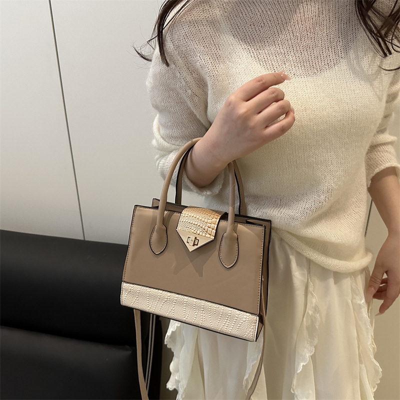 New lock buckle fashionable splicing texture 2025 women's large capacity simple and stylish single shoulder diagonal cross hand-held small square