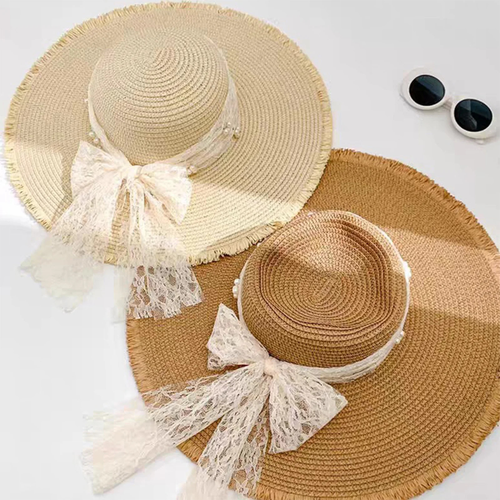 Wide Brim Summer Hat French Style Lace Straw Hat with Bowknot Elegant Women Straw Hat for Summer Beach Traveling Hiking 250516