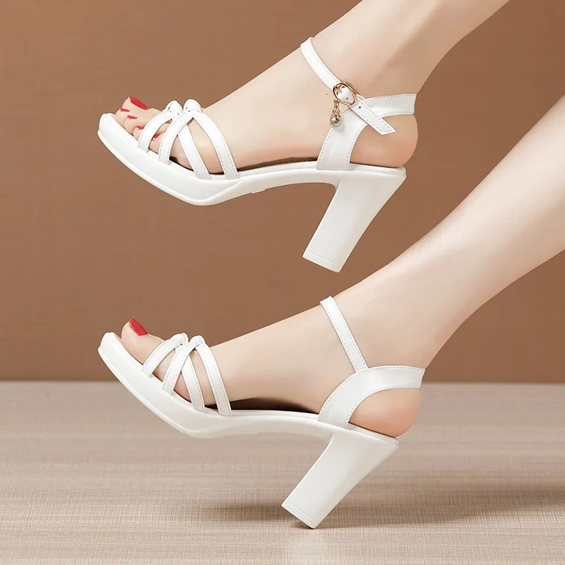 High quality leather sandals for women 8cm high heel 2025 summer size 32 33 42 43 platform open toe elegant shoe black white 250515