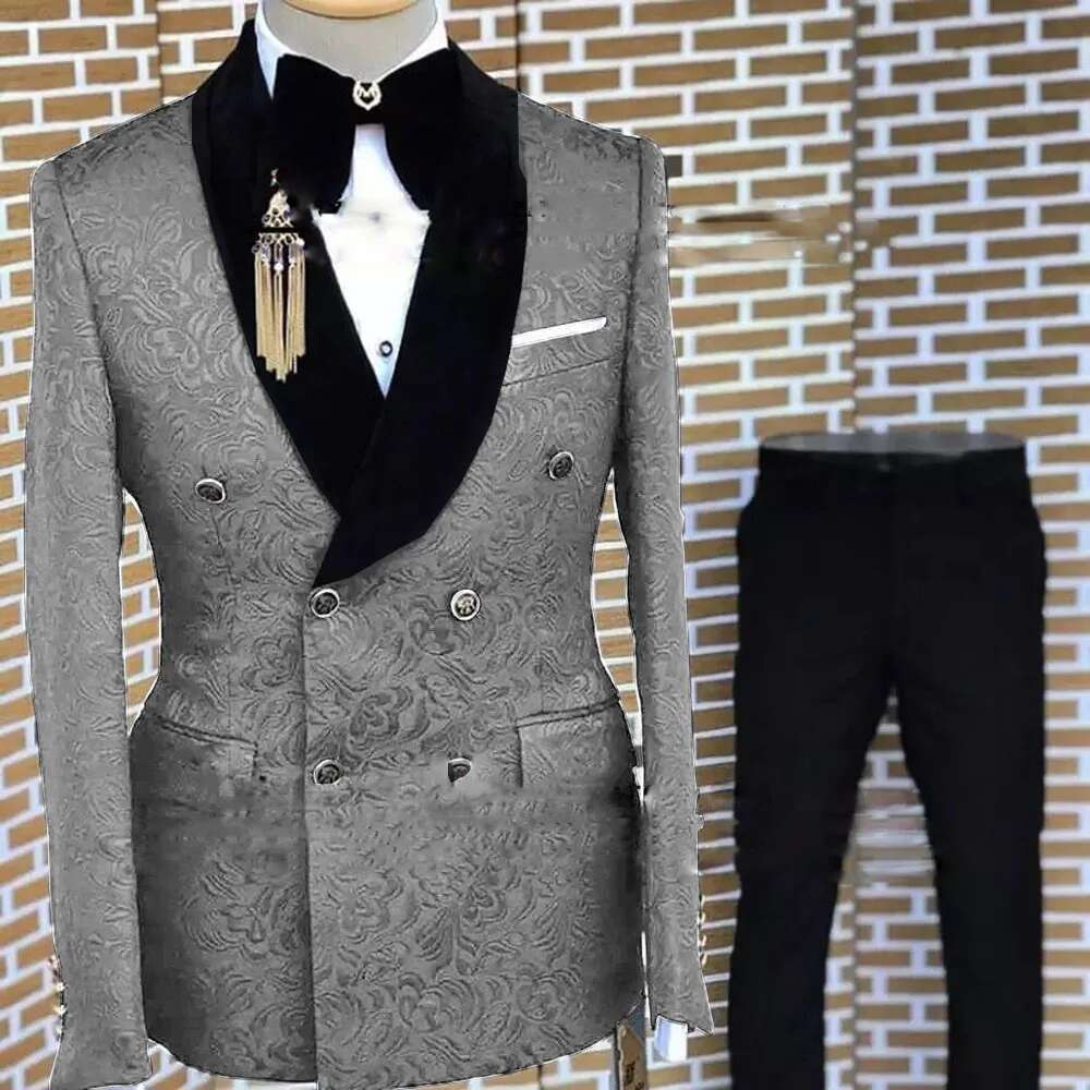 Gray Formal For Men Floral Jacket Pants 2 Piece Set Party Wedding Groom Tuxedo Elegant Men's Suit Handsome Blazer Designer