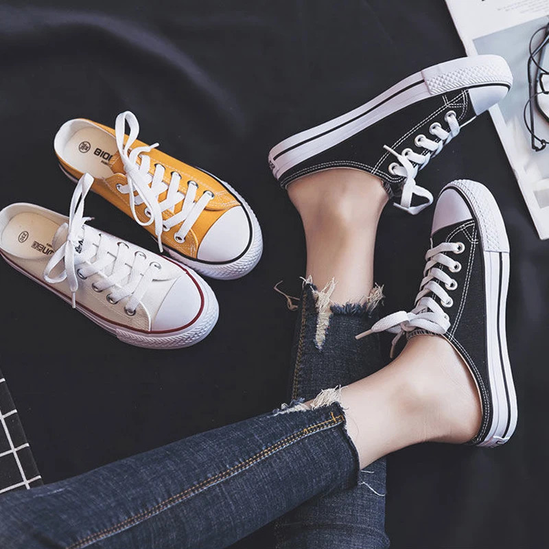 Women Canvas Flat Shoes Half slipper Autumn Fashionable Lace Up Low Cut Women Round Toe Black White Canvas Casual Shoes 250515