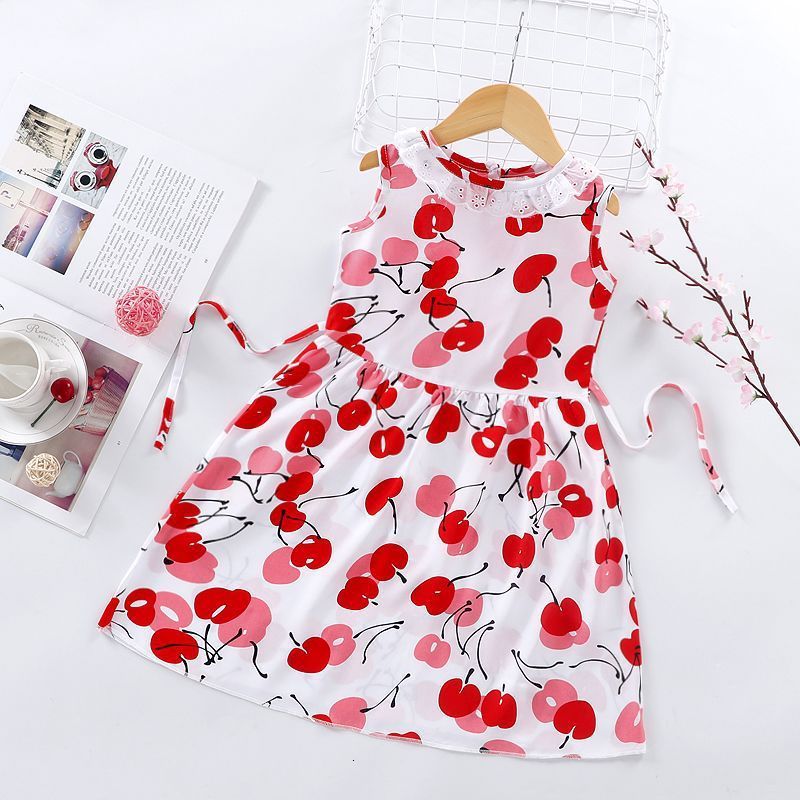 New Summer Outerwear Dress Cartoon Cotton Silk Sleeveless Girls Floral Skirt Thin Summer Loose Princess Dreamland 220422